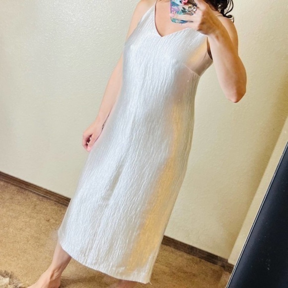 W by Worth NWT optic white crinkle shine satin v neck tank mini dress 2